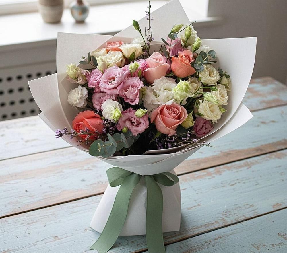 Букет цветов из: Розы, Лизиантусы и Гвоздики в Плиево