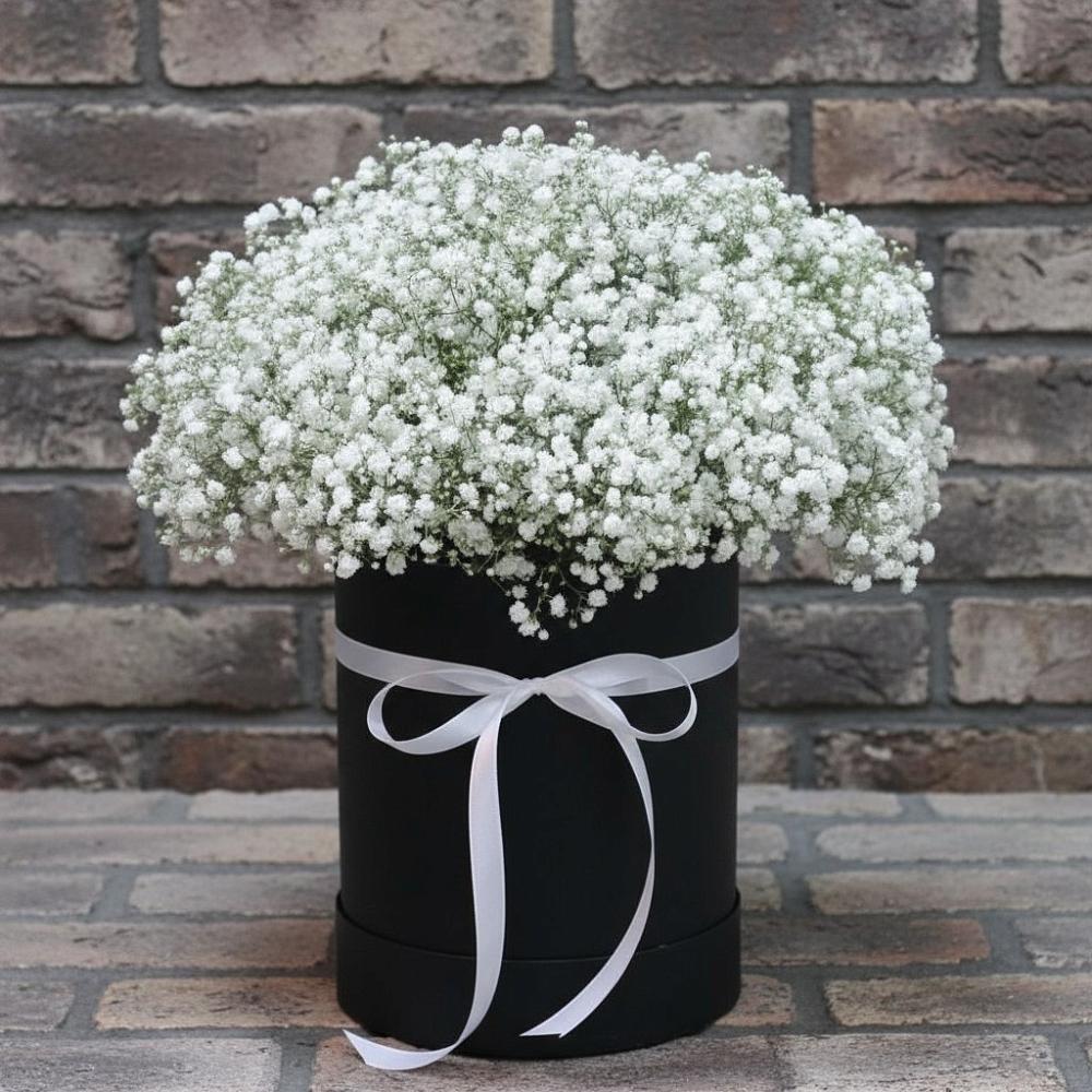 Цветочная композиция из Гипсофила в шляпной коробке в Плиево