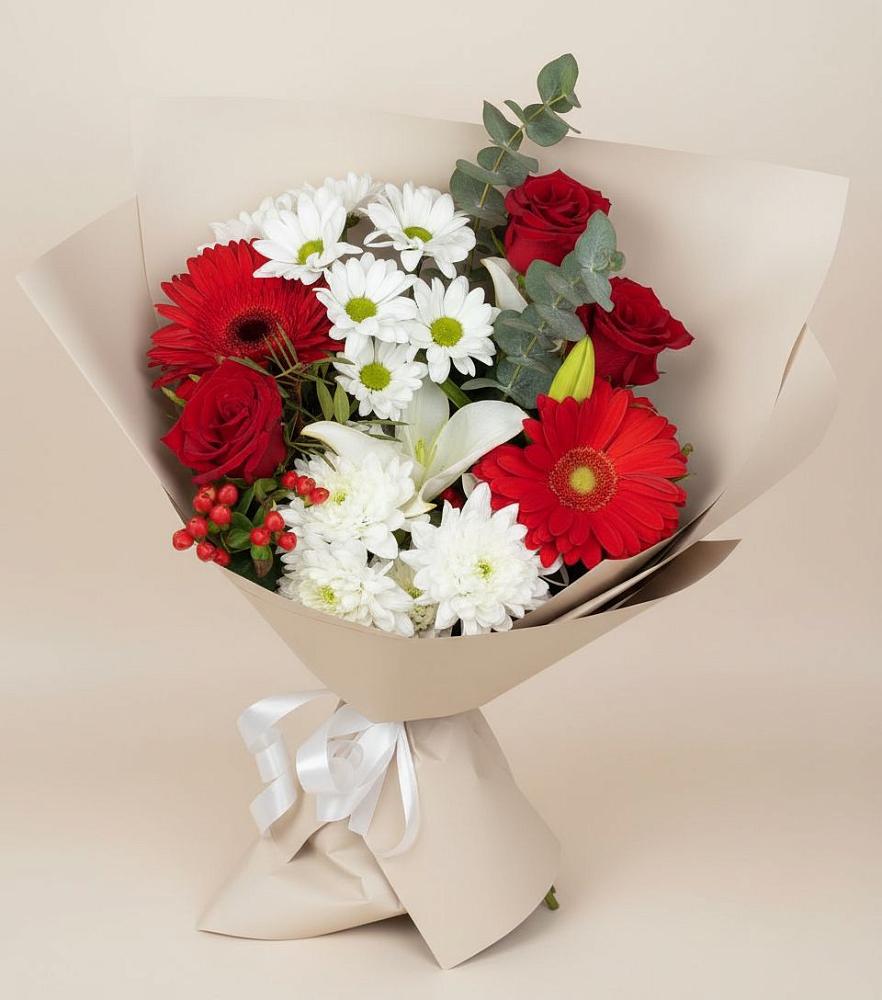 Букет цветов из: Розы, Хризантемы, Герберы и Лилии в Плиево