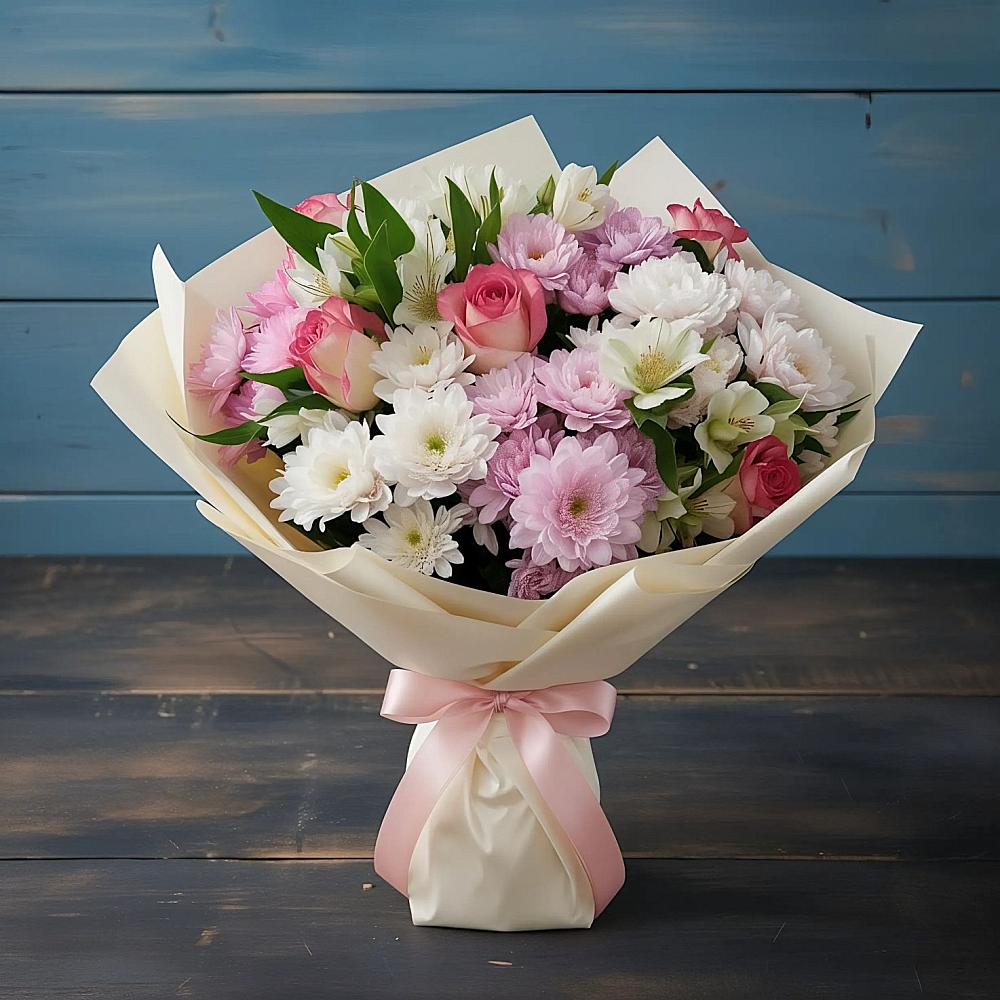 Букет цветов из: Хризантемы, Альстромерии и Розы в Плиево